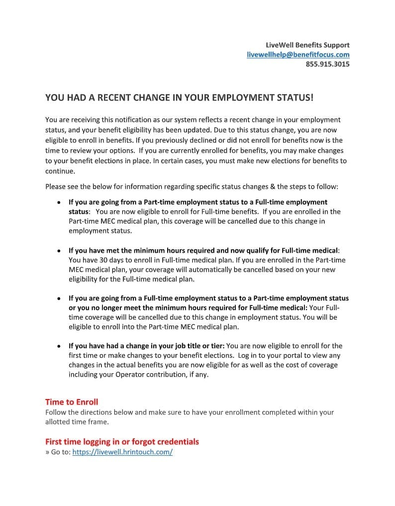 Download Example Benefitfocus FT-PT, PT-FT, ACA, Title Change Enrollment Email